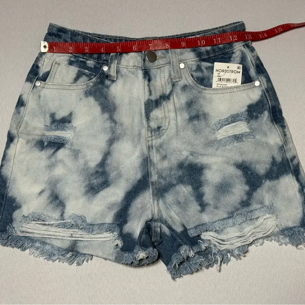 High-Rise Tie-Dye Cloud Wash Distressed Cutoff Denim Shorts bp Size 25